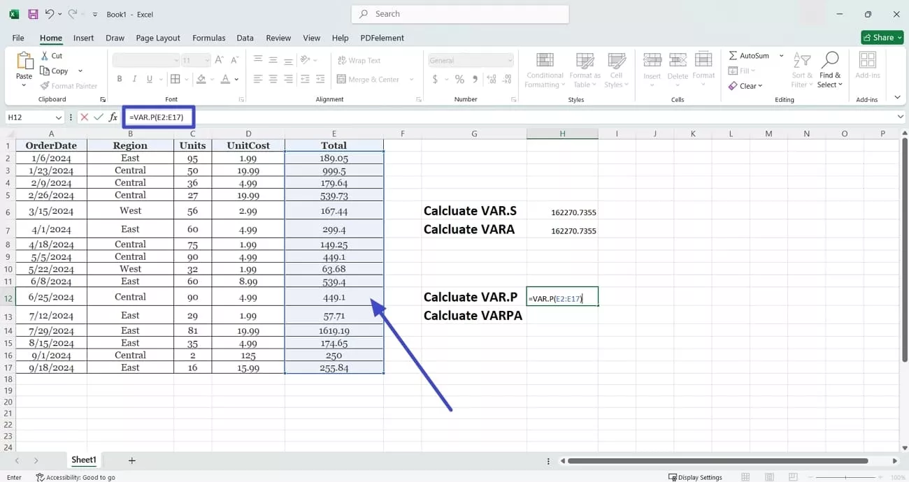 calculate var.p variance excel