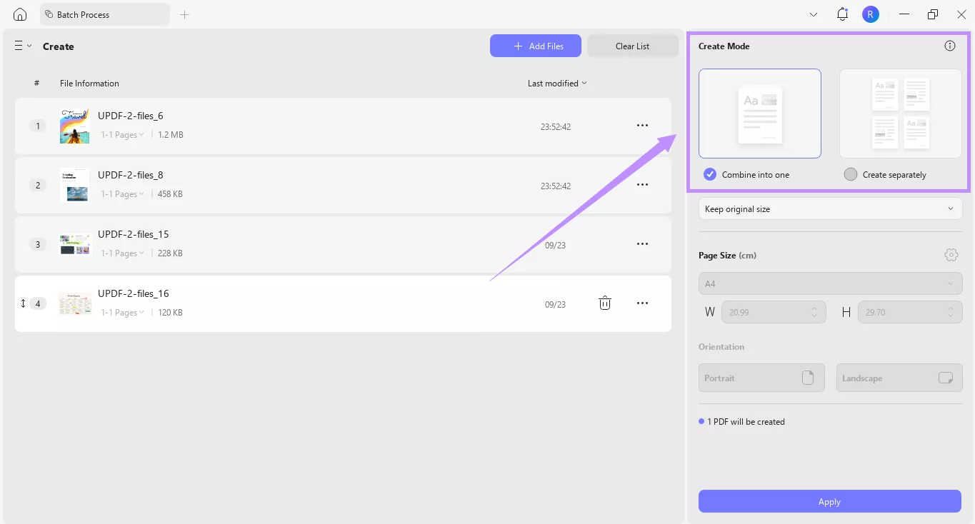 choose a create mode for bulk converting tiff to pdf updf windows