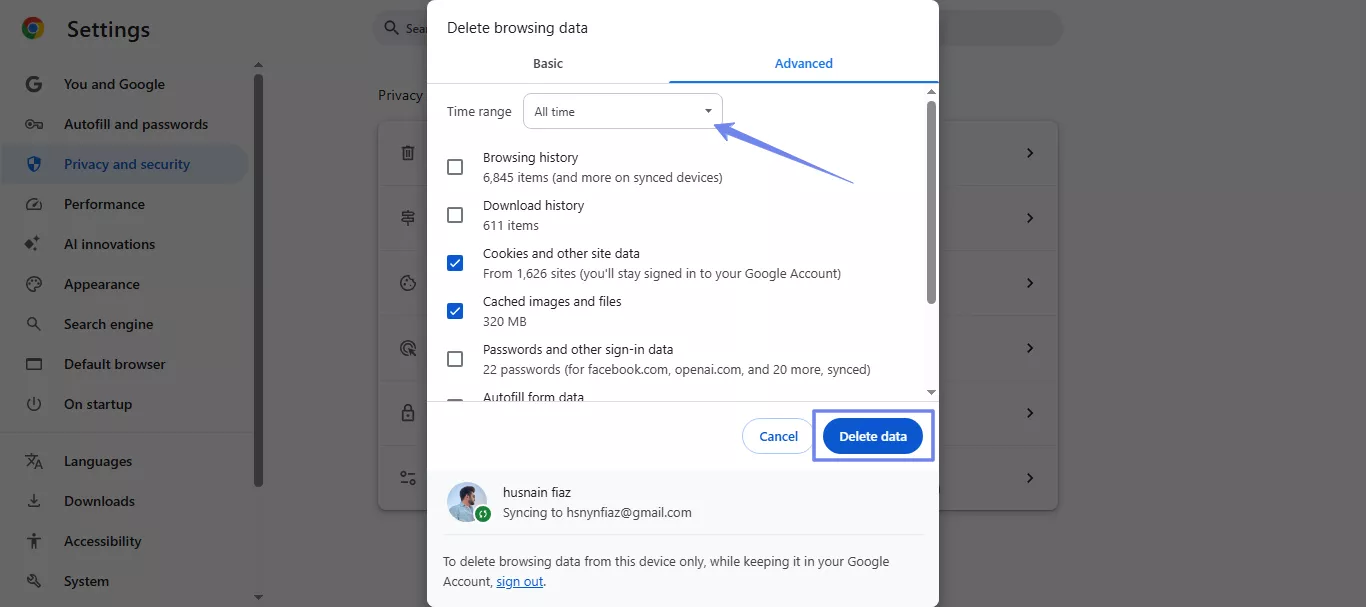 click delete data broswer