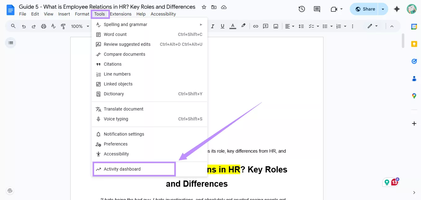 click on activity dashboard under tools google docs