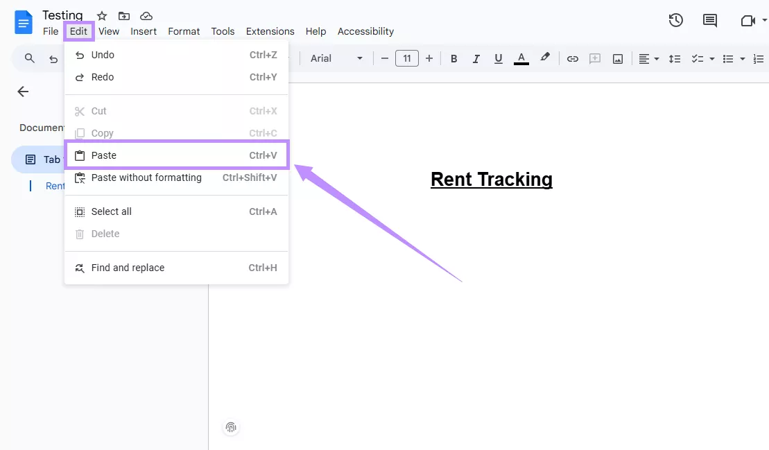 click on paste under edit google docs