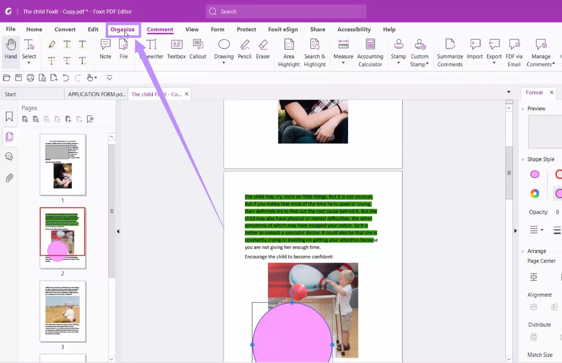 click the organize tab foxit