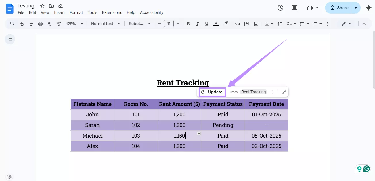 click update google sheet in google docs