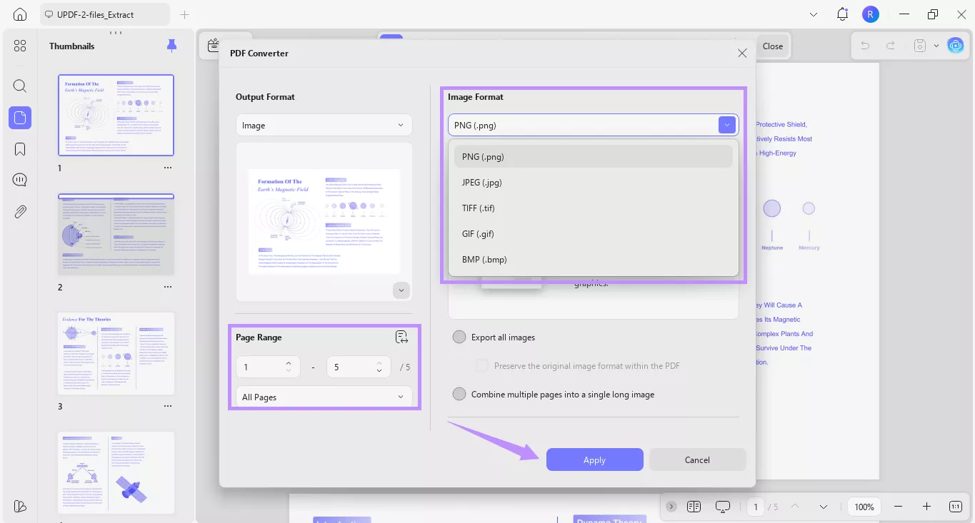 define page range and image format, and click apply updf windows