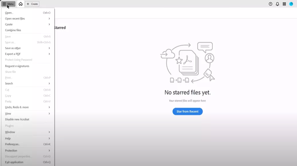 user opening the menu in adobe acrobat to create a new pdf portfolio