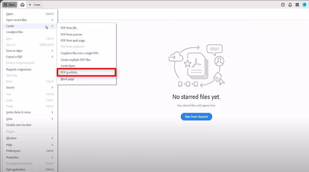 adobe acrobat interface showing the pdf portfolio creation option selected
