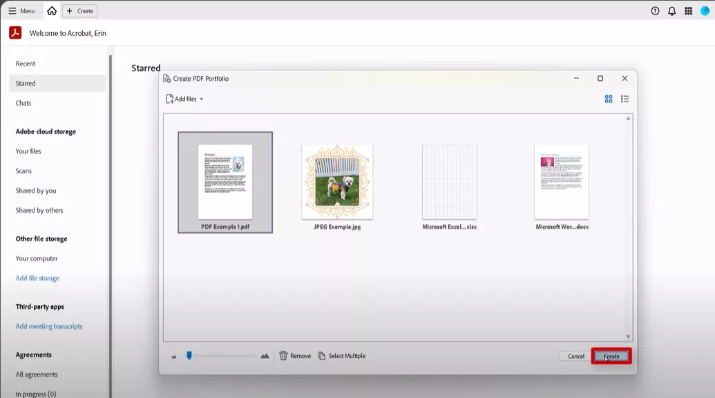 user clicking the create button in adobe acrobat