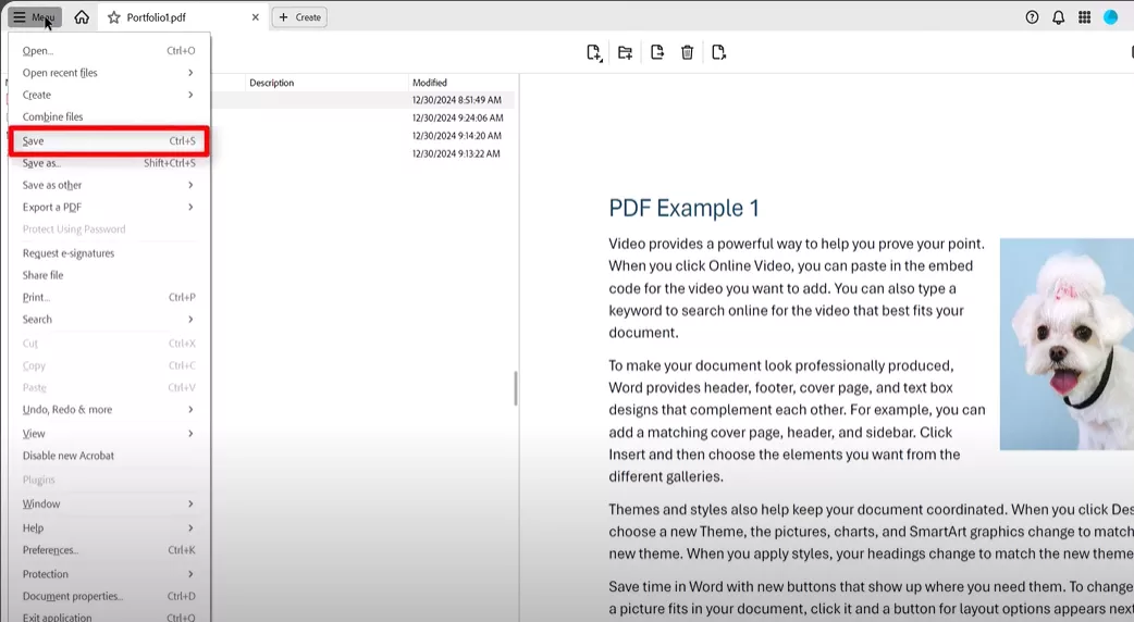user selecting the save option from the menu in adobe acrobat