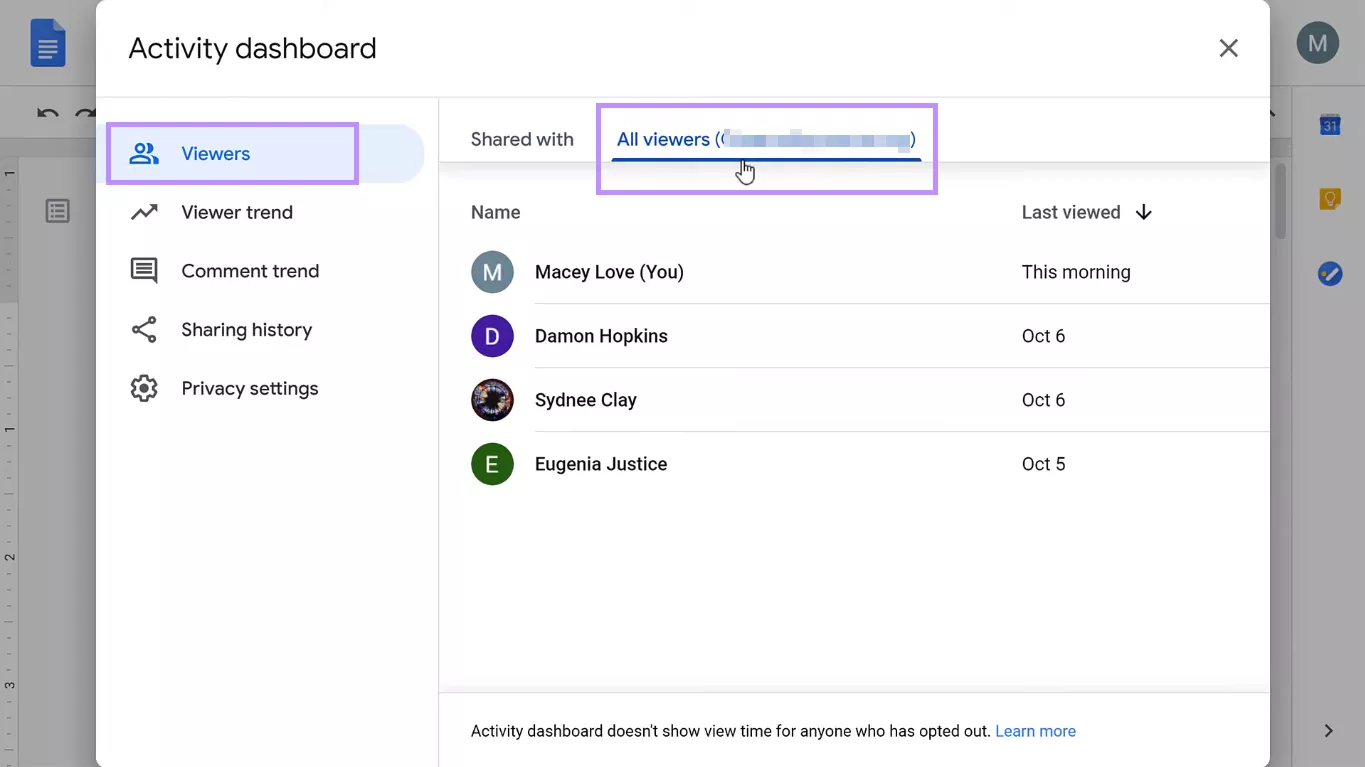 select all viewers under the viewers tab google docs