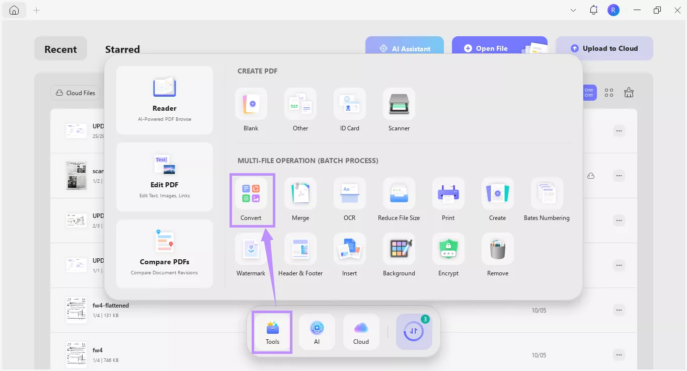 select convert under tools updf windows