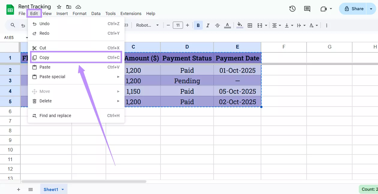 select copy under edit google sheet