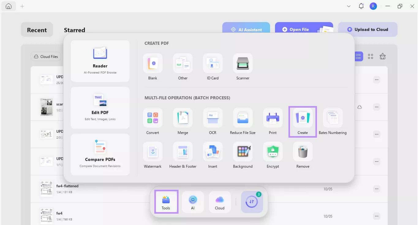 select create under tools updf windows