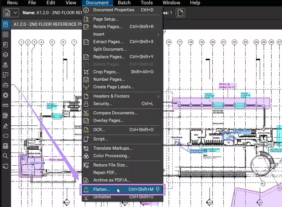 select flatten under document bluebeam