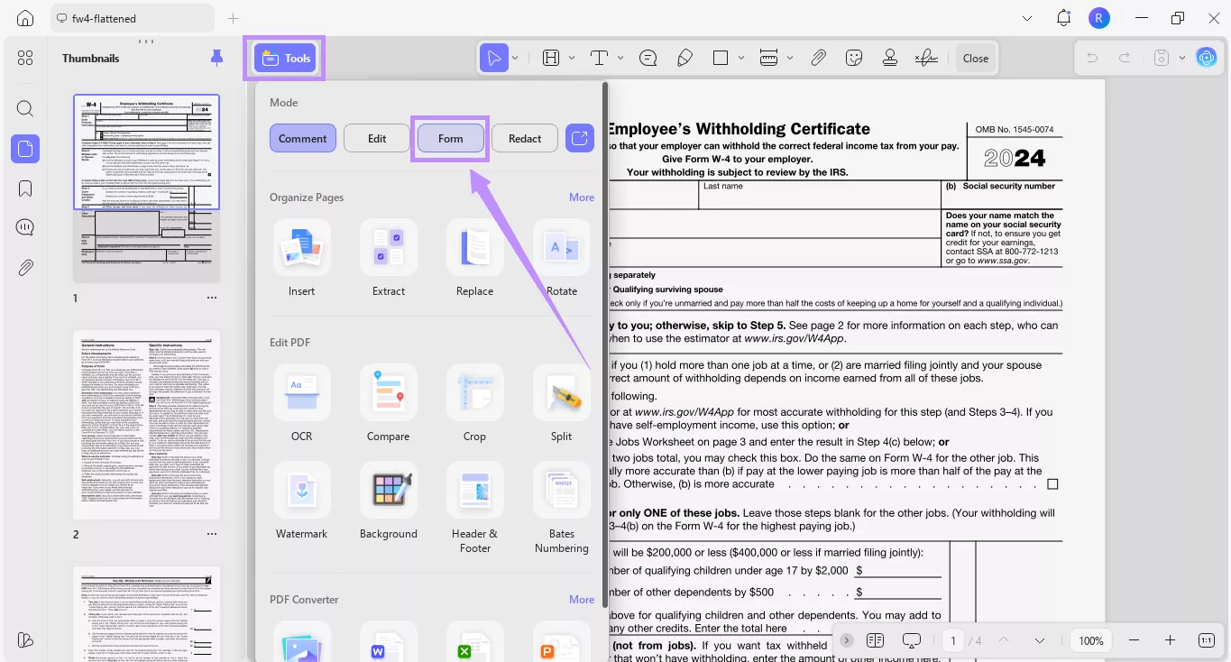 select form under tools updf windows