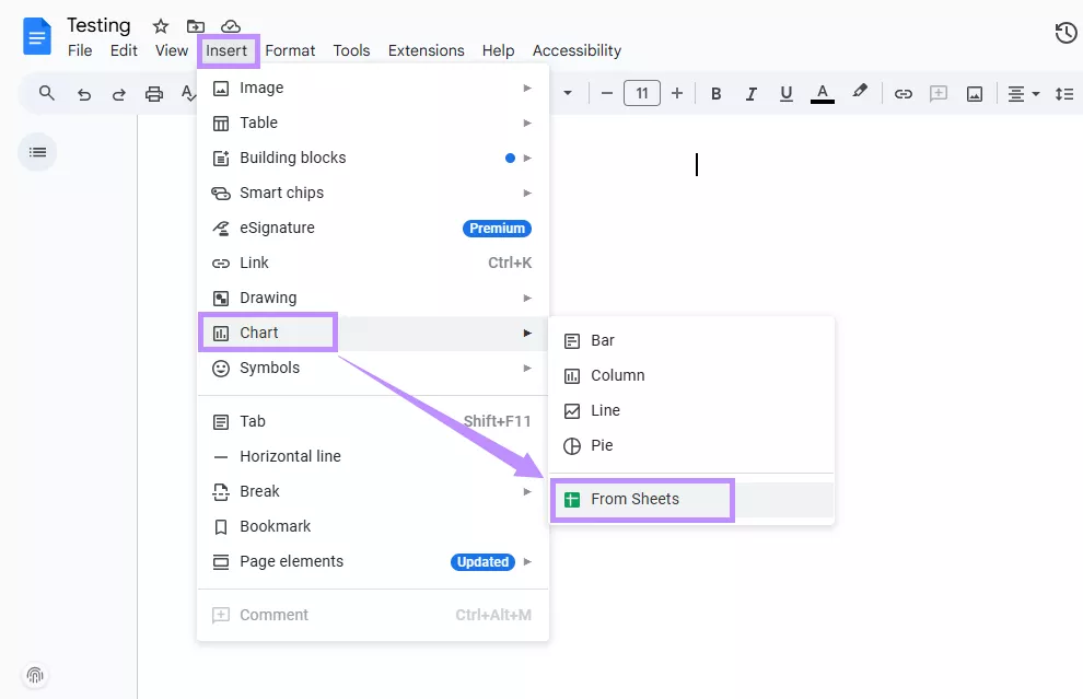 select from sheets under chart google docs