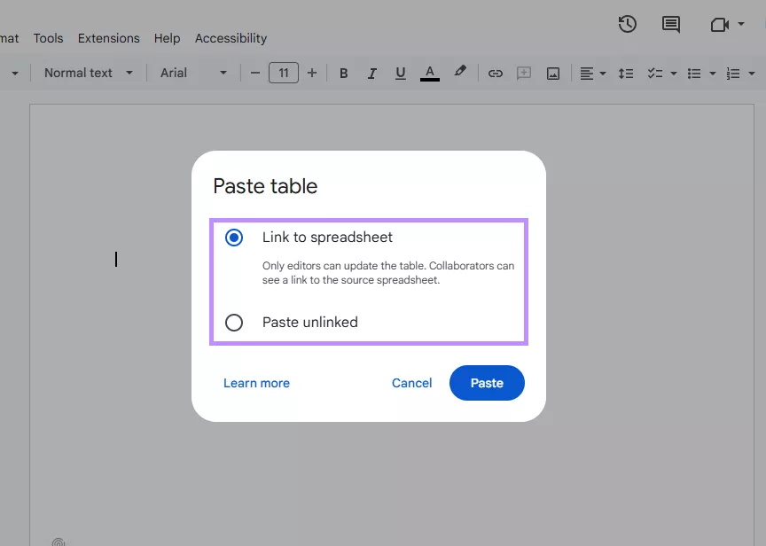 select how to paste the table google docs