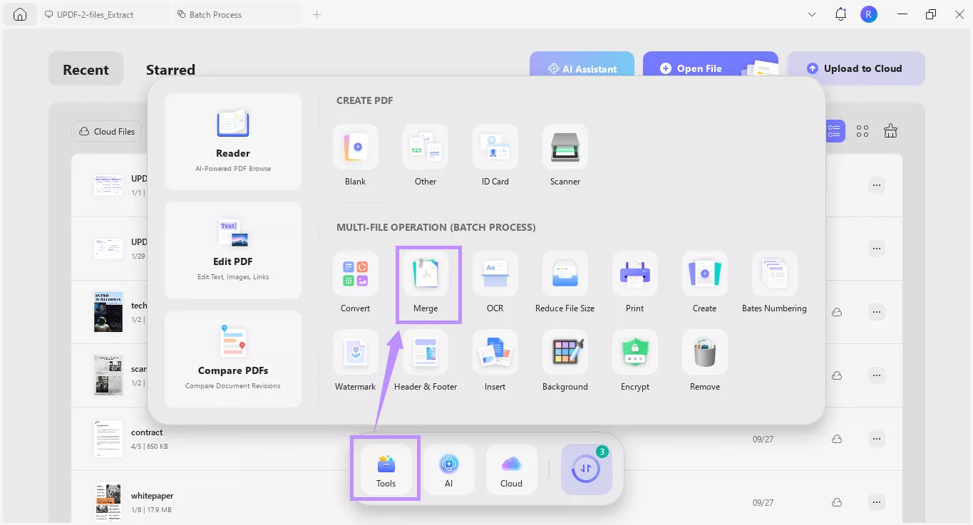 select merge under tools updf windows