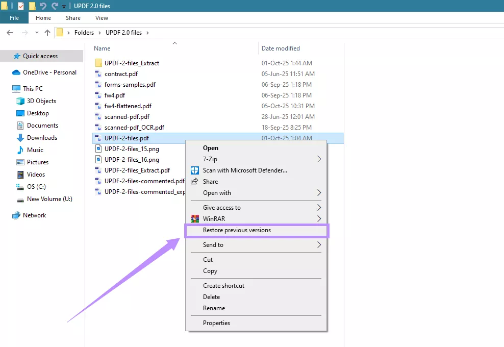 select restore previous versions updf windows