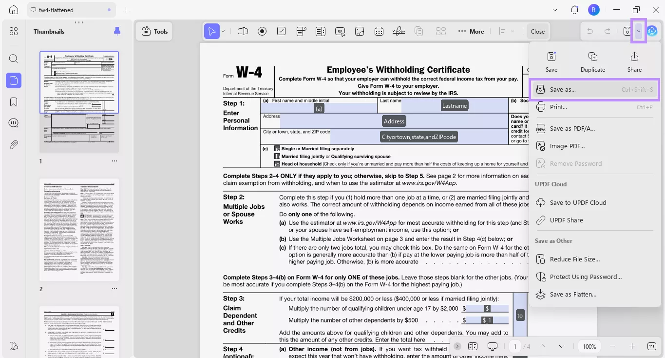 select save as to unflatten pdf updf windows