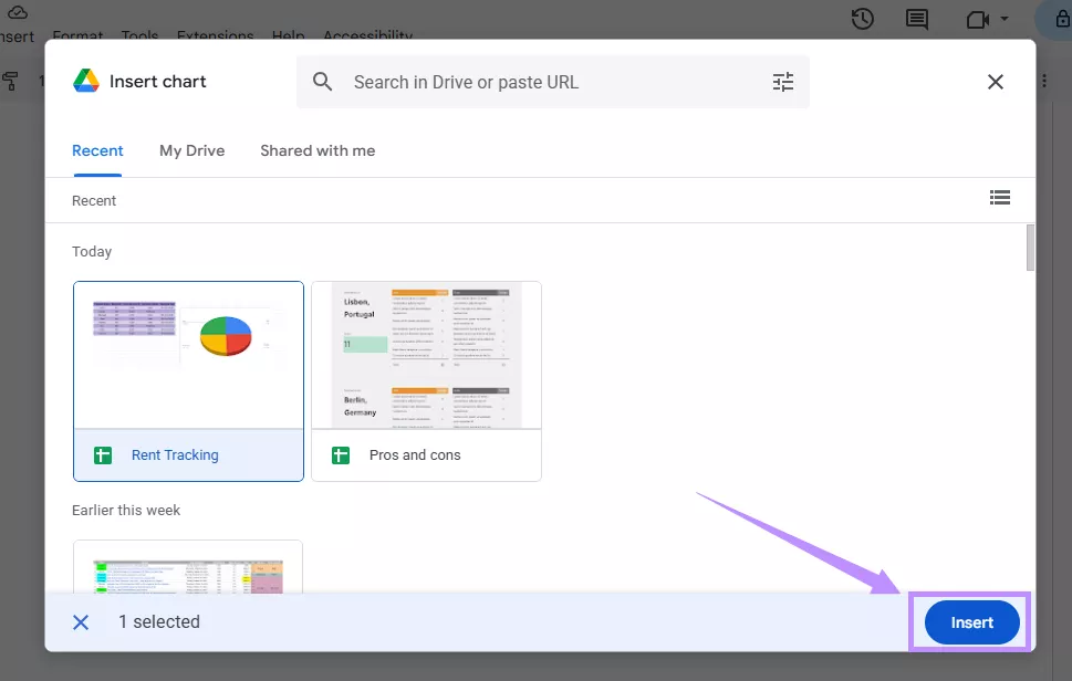 select the sheet and click insert google docs