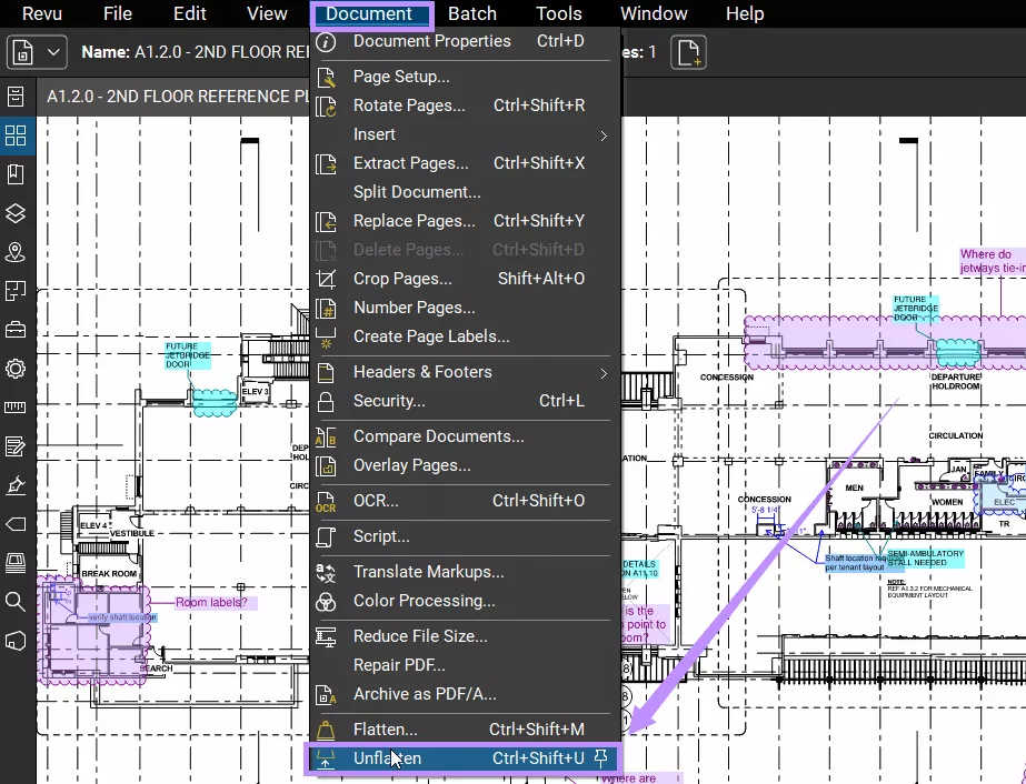 select unflatten under document bluebeam