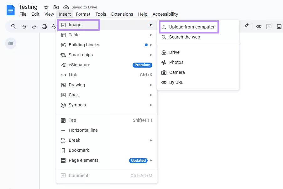 select upload from computer under image google docs