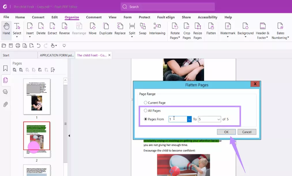set a page range and click ok to flatten foxit