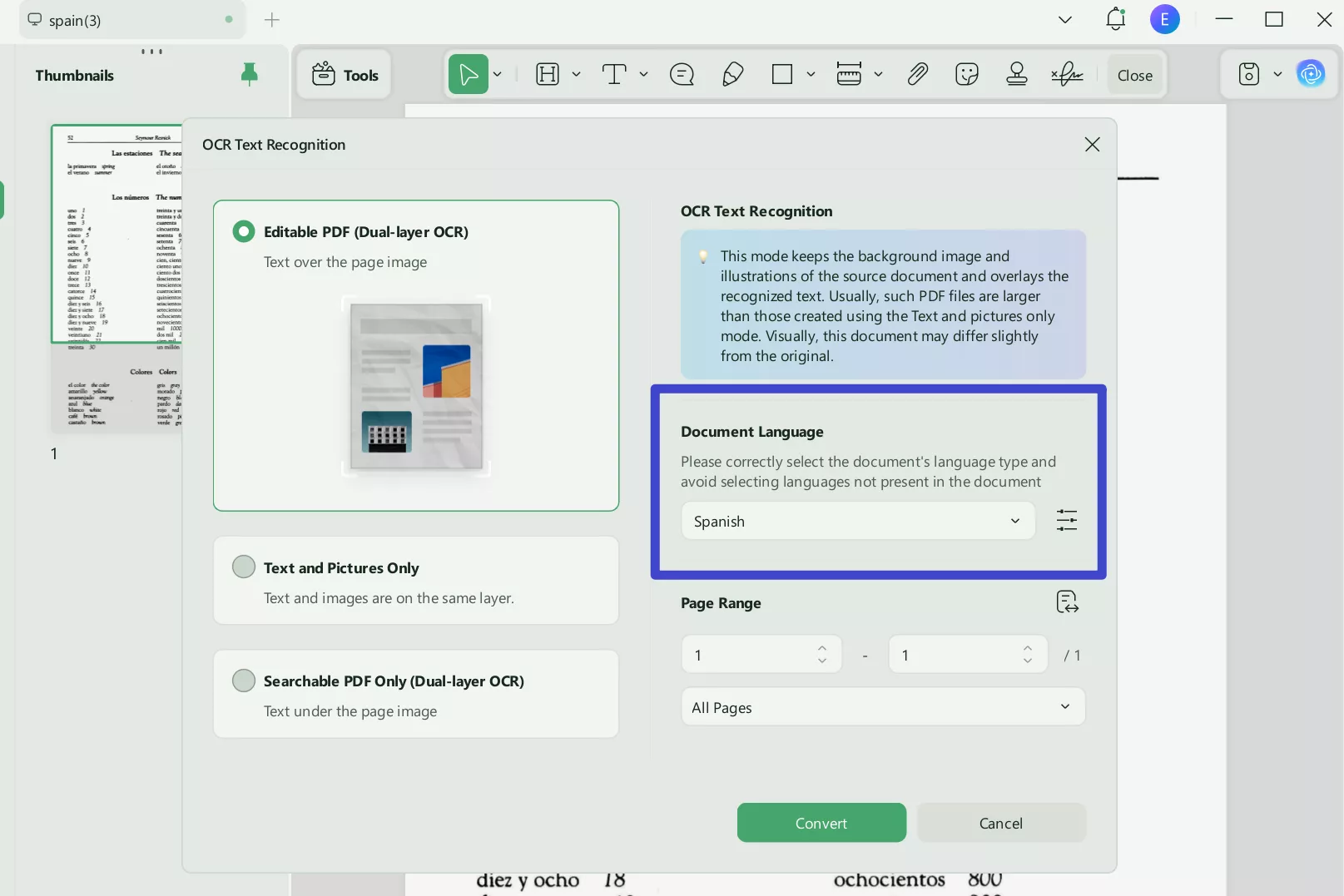 Choose the "OCR" feature in the "Tools" and set your preferences in the prompt window.