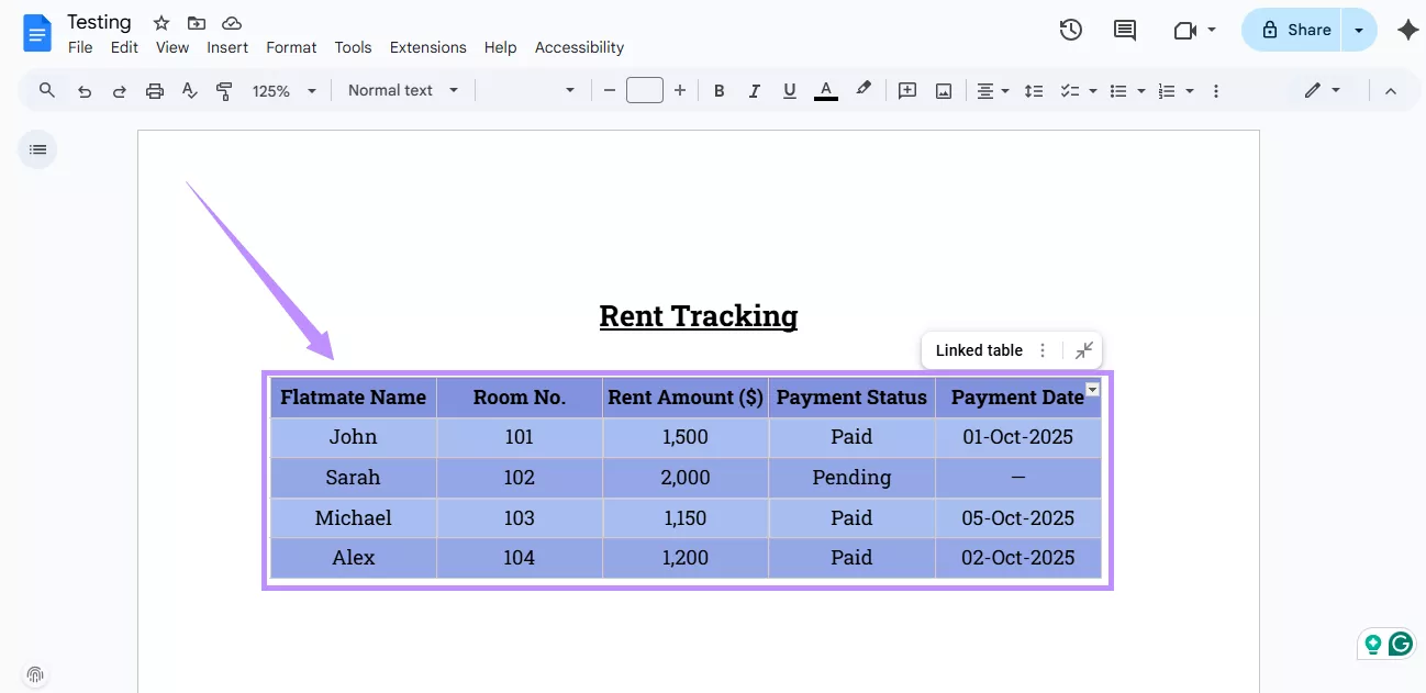 table updated in google docs