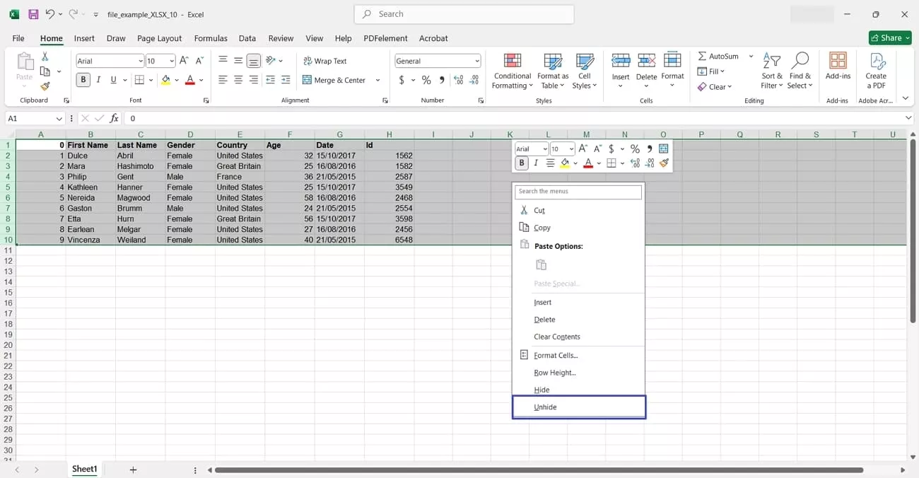 right click method to unide rows