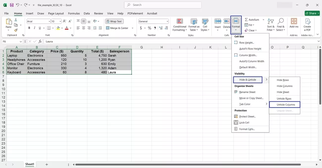 make columns visible in excel home