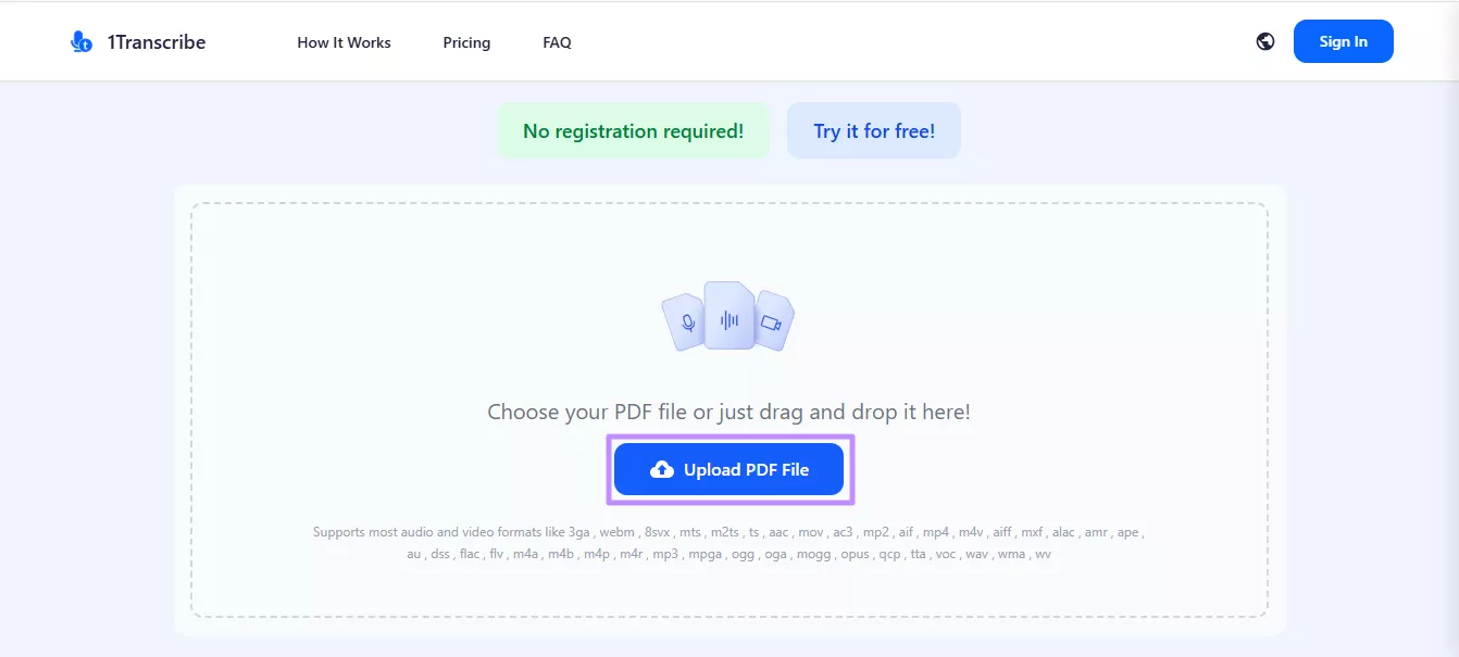upload pdf for transcription 1transcribe tool