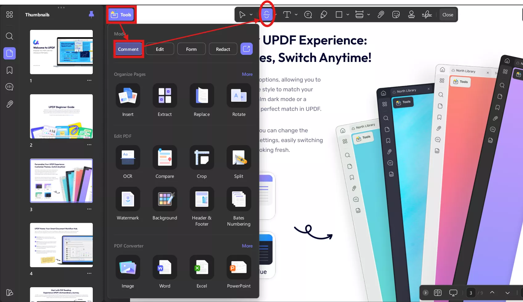 Using the Strikethrough annotation tool in the UPDF desktop version to mark PDF text