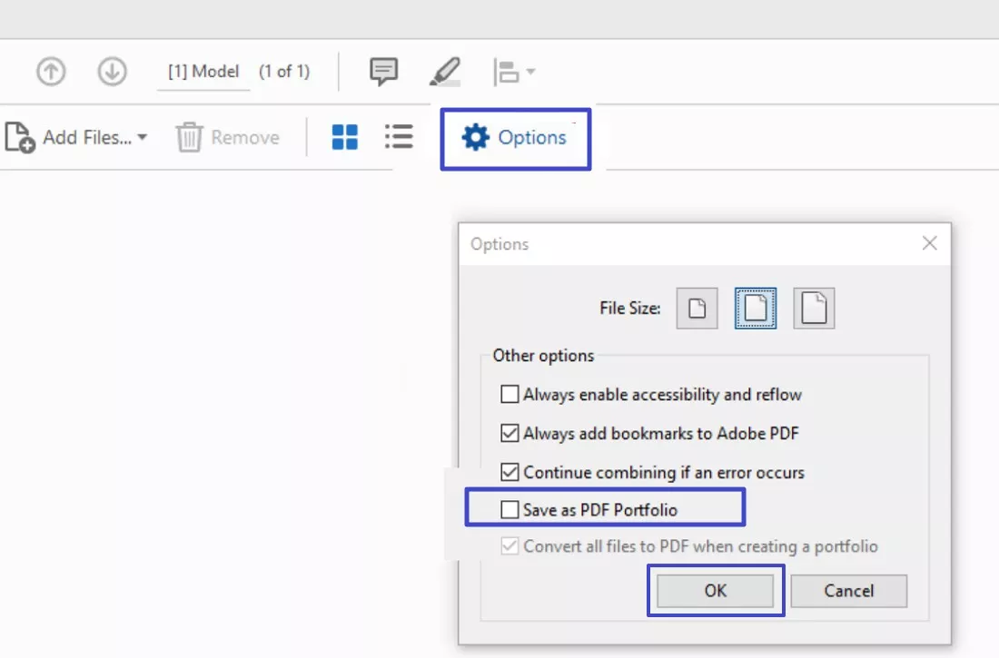 uncheck save as pdf portfolio