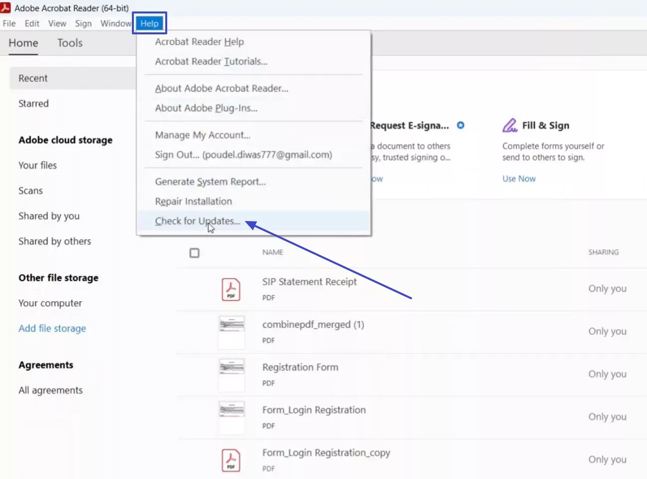 select the check for update