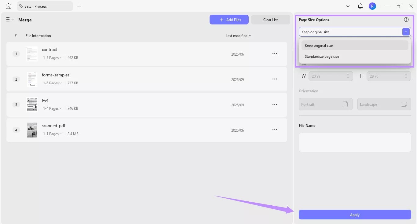 choose page size options and click apply