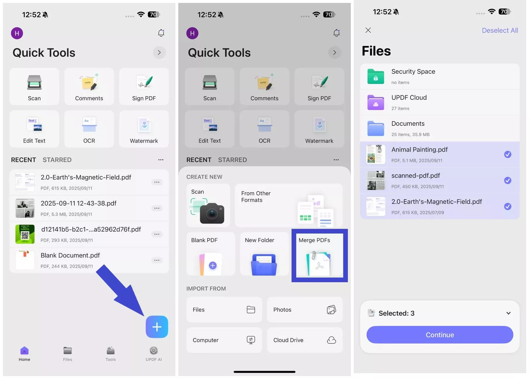 merge pdfs with updf on ios