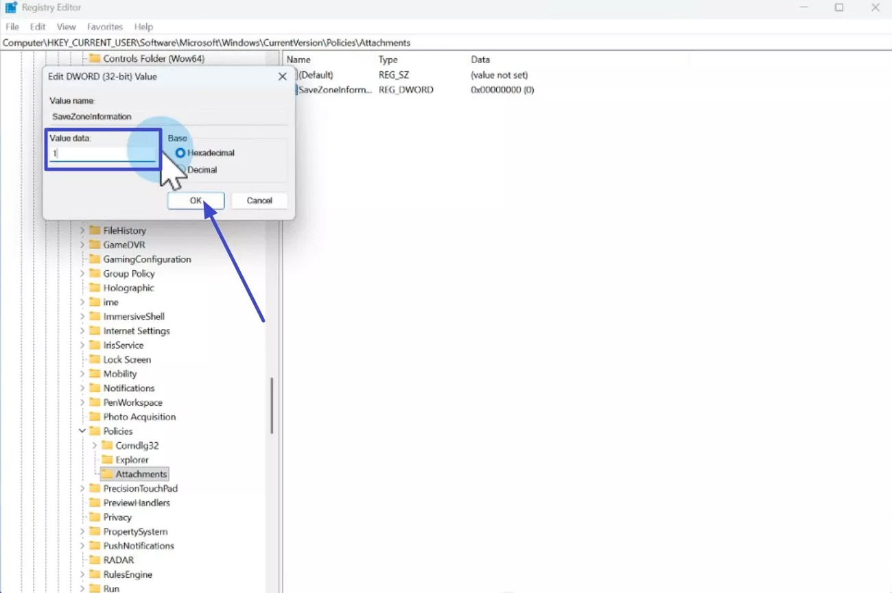 change value data press ok