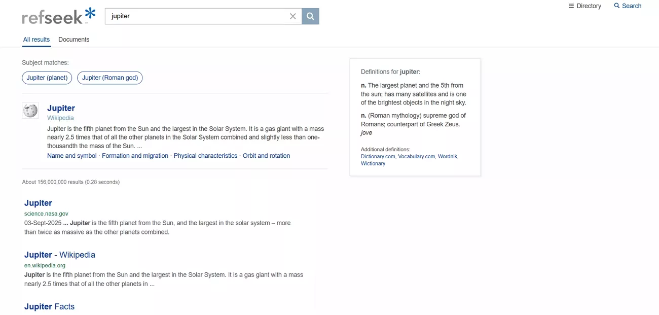refseek interface researching keywords