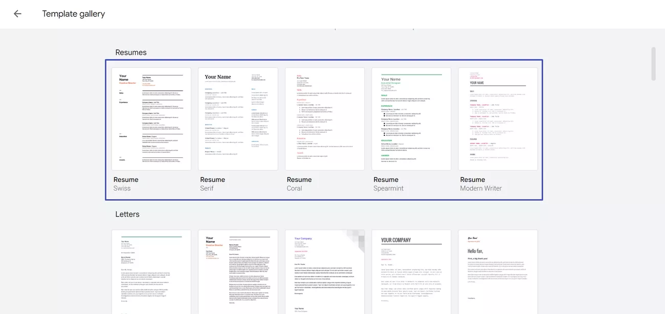 choose resume template docs
