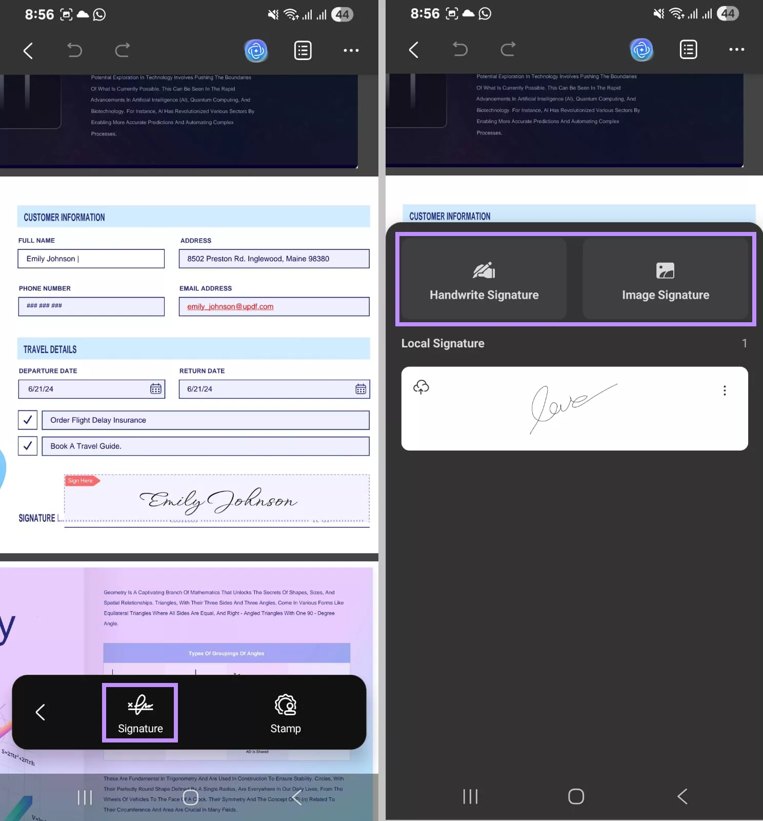 tap signature and choose a signature type