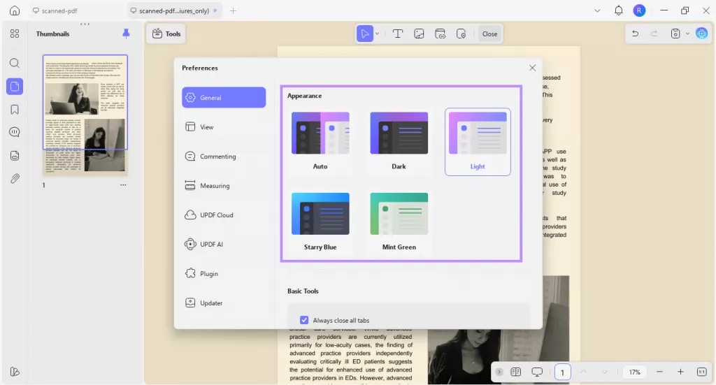 updf reading mode options