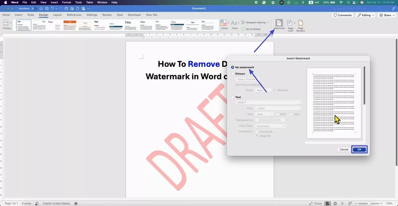 delete draft watermark word mac