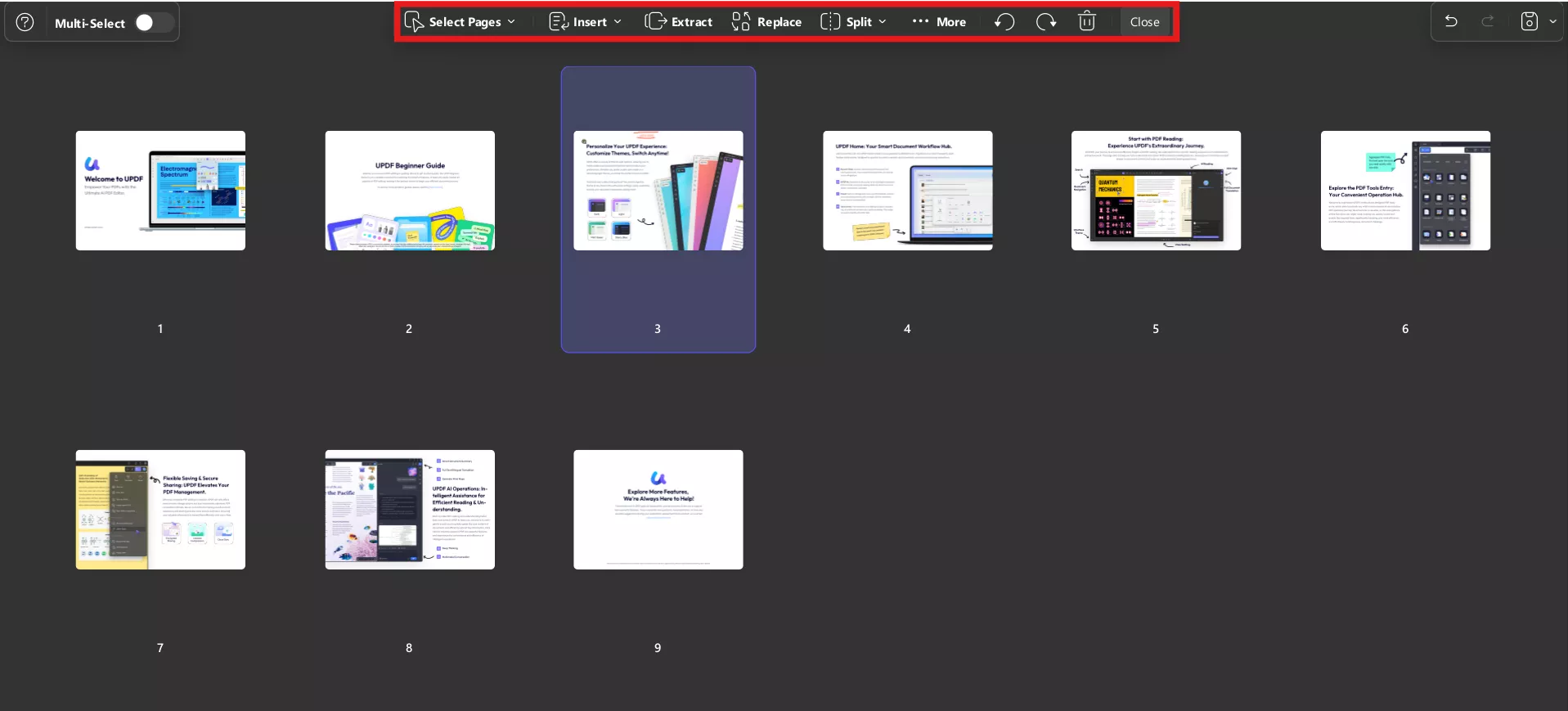 PDF page organization interface for rearranging PDF sections