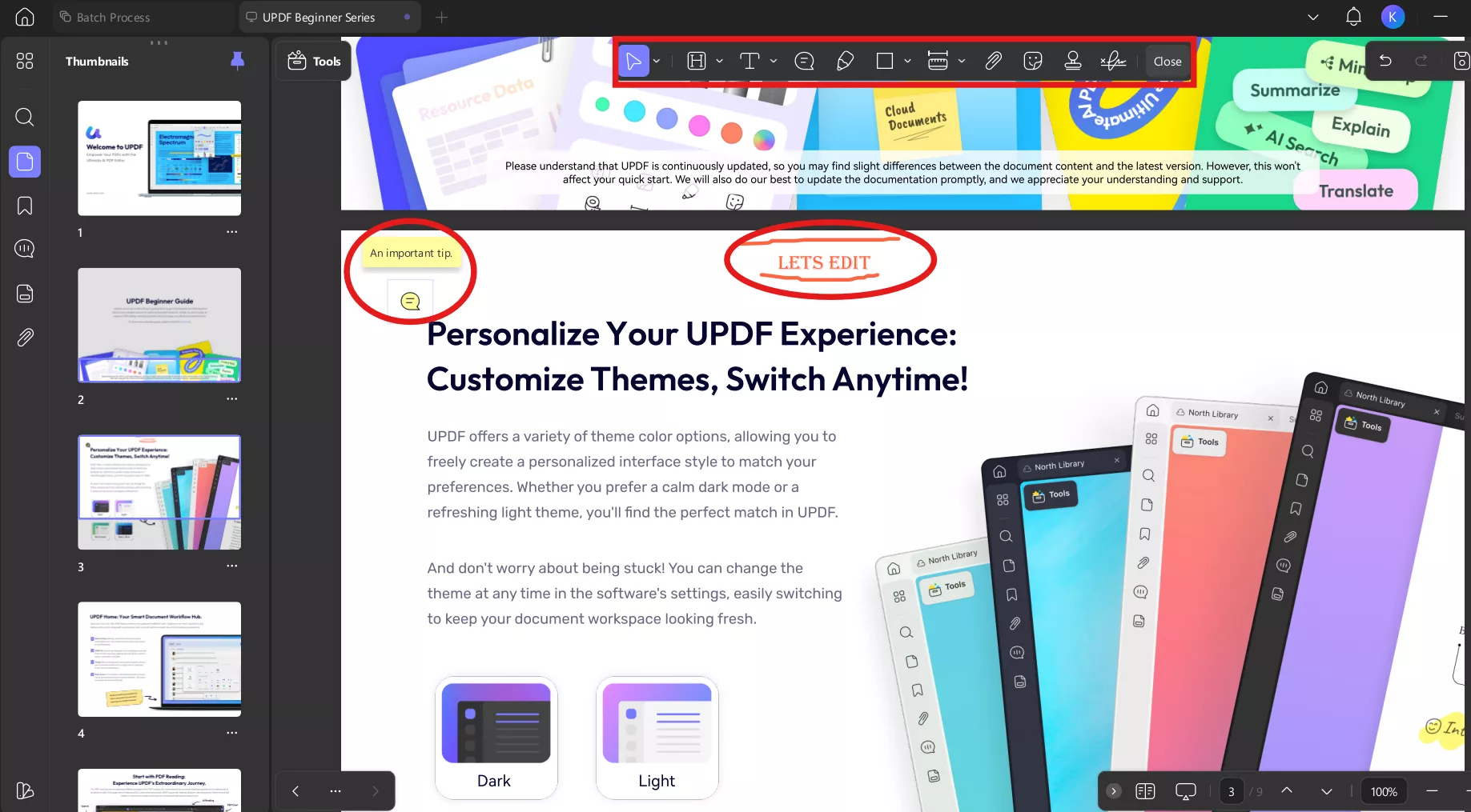 UPDF editing tools used to refine AI-generated PDF content