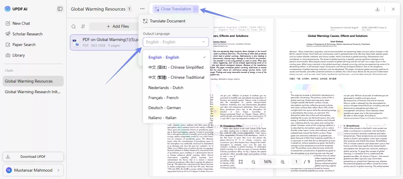 updf ai translate pdf