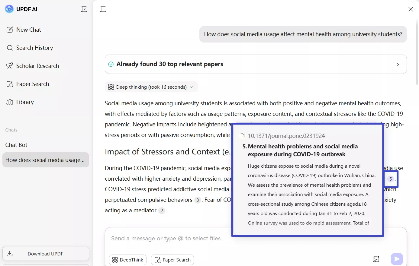 updf ai generate a research report with proper citation